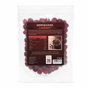 Merișoare liofilizate, fără zahăr, 50g — pungă cu eticheta completă, fructe întregi crocante, Biovicta