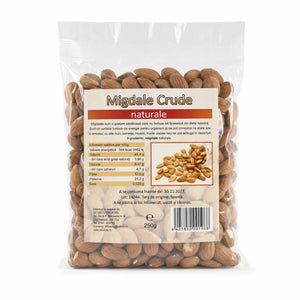 Migdale californiene crude 250g — pungă transparentă cu migdale crude, eticheta completă, origine SUA, Biovicta