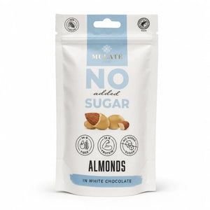 Migdale în ciocolată albă BIO Mulate, fără zahăr, 90g — pungă cu eticheta completă, praline migdale în ciocolată albă fără zahăr, Biovicta