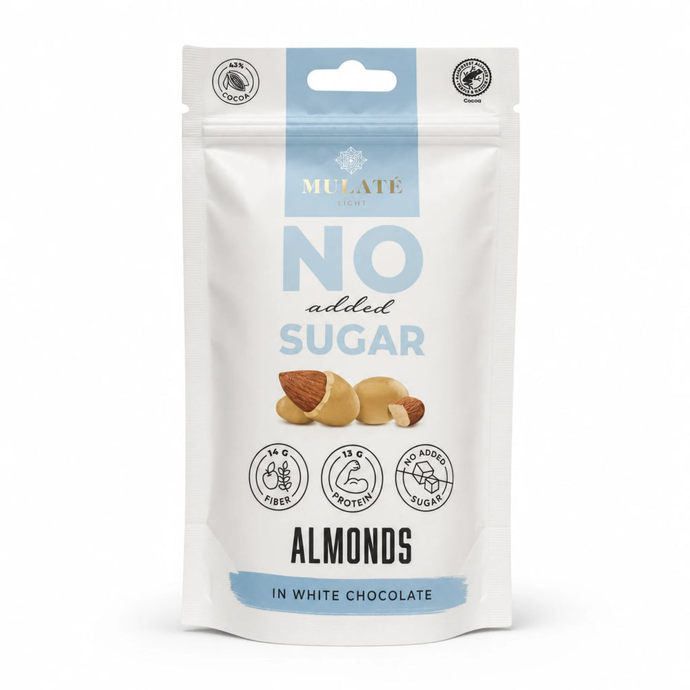Migdale în ciocolată albă BIO Mulate, fără zahăr, 90g — pungă cu eticheta completă, praline migdale în ciocolată albă fără zahăr, Biovicta