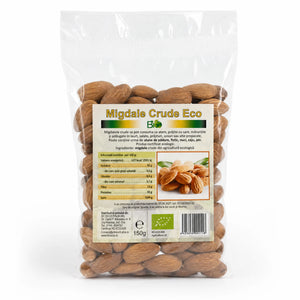 Migdale crude RAW BIO 150g — pungă transparentă cu migdale crude, eticheta completă, origine Italia, Biovicta