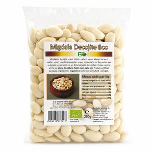 Migdale decojite crude albe RAW BIO 250g — pungă transparentă cu migdale decojite albe, eticheta completă, origine Italia, Biovicta
