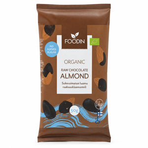 Migdale în ciocolată fără zahăr BIO, 50g — pungă Foodin cu eticheta completă, ciocolată fără zahăr din Finlanda, Biovicta