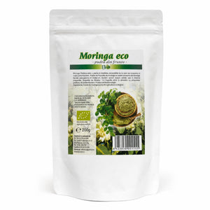 Moringa Pudră BIO 200g — doypack alb opac stand-up cu eticheta completă, superaliment Moringa oleifera, Biovicta