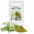 Moringa Pudră BIO 200g — pudră moringa și ramură moringa proaspătă cu flori, prezentare lifestyle, Biovicta