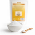 MSM pulbere, metilsulfonilmetan, 250g — pudră raw albă cristalină în bol cu linguriță de lemn, prezentare lifestyle, Biovicta