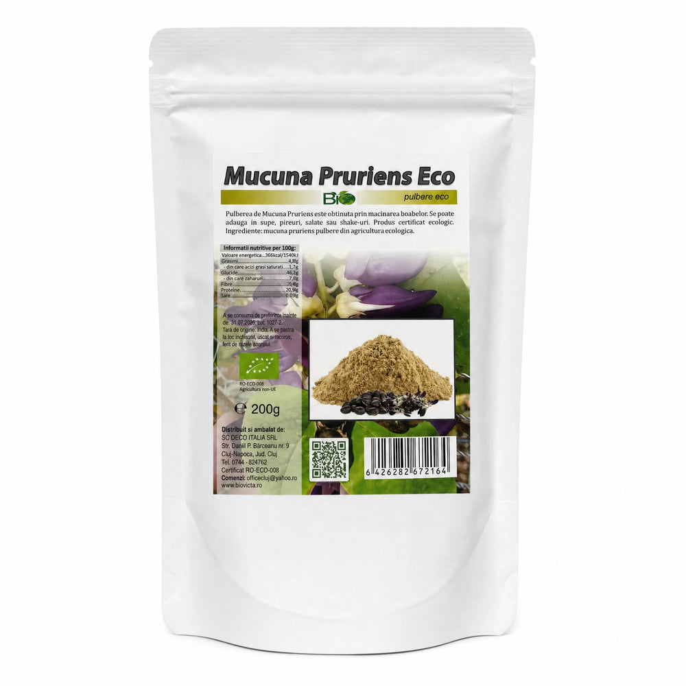 Mucuna Pruriens pulbere BIO 200g — doypack alb opac stand-up cu eticheta completă, superaliment ayurvedic, Biovicta