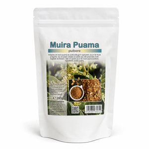 Muira Puama pulbere/pudră 200g — doypack alb opac stand-up cu eticheta completă, plantă afrodiziacă Brazilia, Biovicta