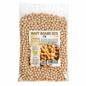 Năut boabe BIO 500g — pungă transparentă cu boabe năut, eticheta completă, origine Turcia, Biovicta