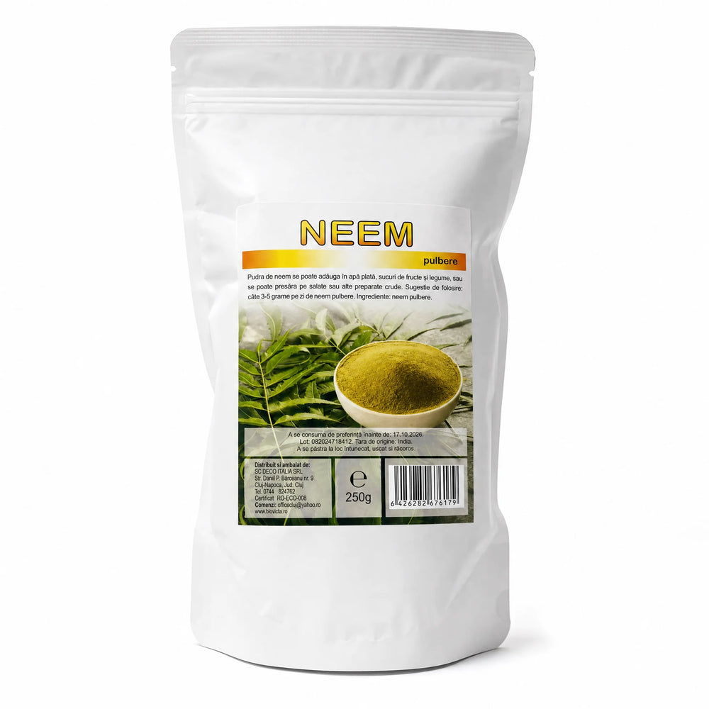 Neem pudră 250g — doypack alb opac stand-up cu eticheta completă, ayurvedă India, Biovicta