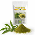 Neem pudră, BIO 200g — pulbere neem olive-green și frunze proaspete Azadirachta indica, prezentare lifestyle, Biovicta