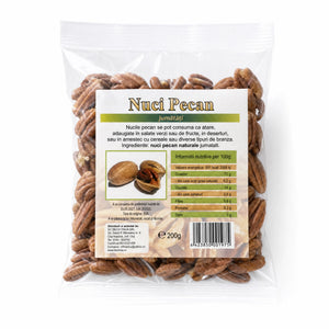 Nuci pecan 200g — pungă transparentă cu jumătăți de pecan, eticheta completă, origine SUA, Biovicta