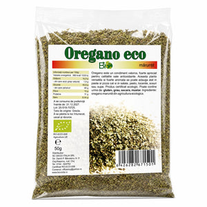 Oregano mărunțit BIO 50g — pungă transparentă cu oregano mărunțit, eticheta completă, origine Grecia, Biovicta