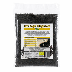 Orez negru integral BIO 500g — pungă transparentă cu boabe orez negru, eticheta completă, origine Thailanda, Biovicta