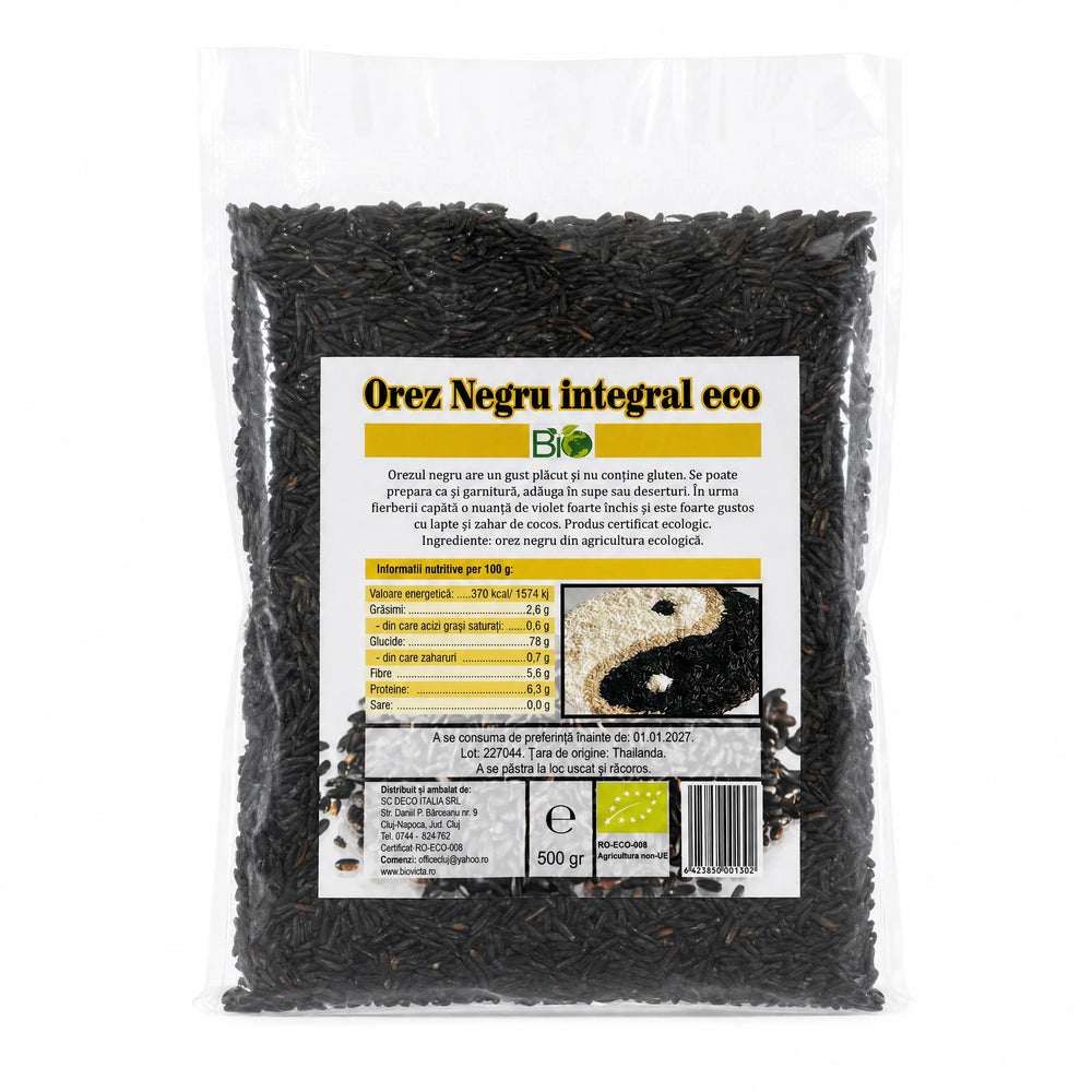 Orez negru integral BIO 500g — pungă transparentă cu boabe orez negru, eticheta completă, origine Thailanda, Biovicta