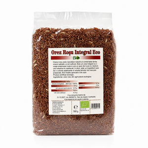 Orez roșu integral BIO 500g — pungă transparentă cu boabe orez roșu, eticheta completă, origine Thailanda, Biovicta