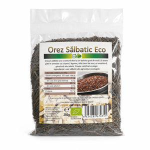 Orez sălbatic BIO 250g — pungă transparentă cu boabe orez sălbatic, eticheta completă, origine SUA, Biovicta