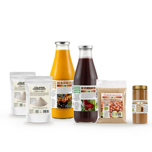 Pachet Cură de Toamnă, cele șase produse așezate împreună: două pungi de colagen hidrolizat, sticlele de suc de cătină și de merișoare, punga de pudră de măceșe și borcanul de scorțișoară Ceylon, Biovicta