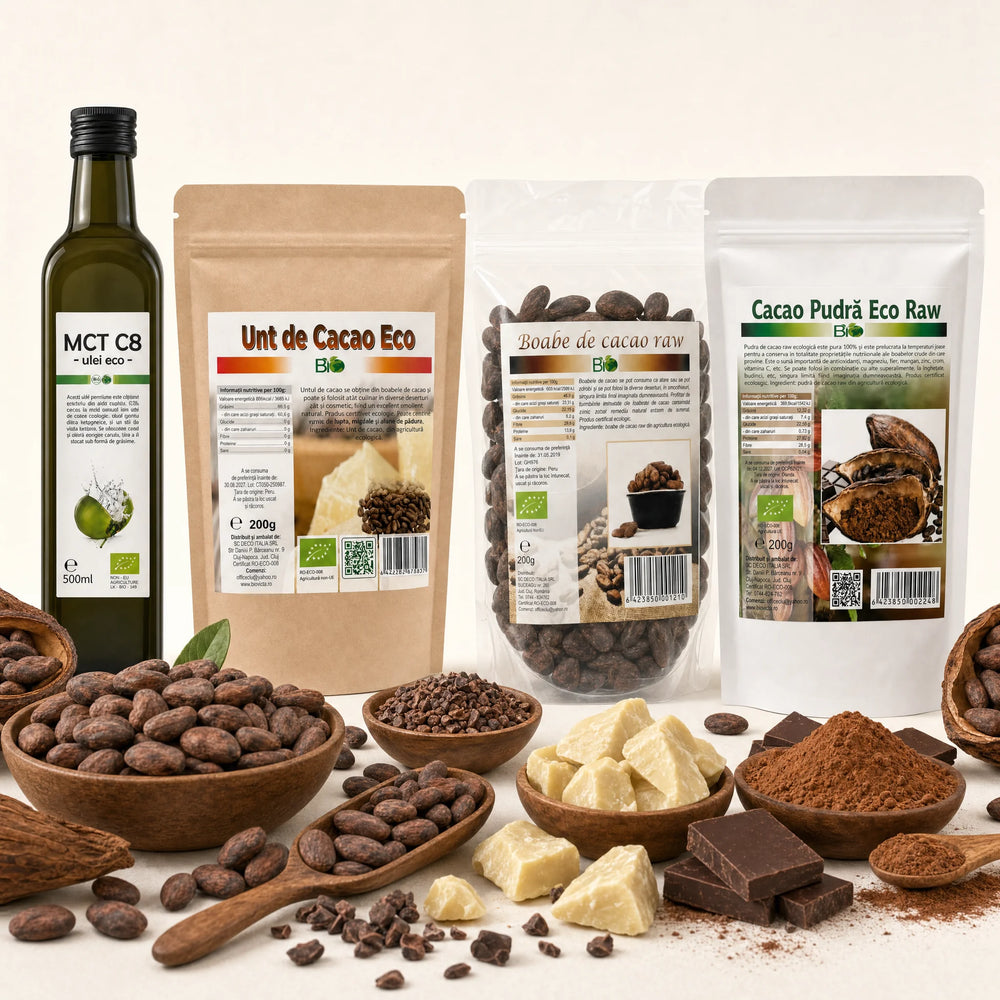 Pachet Keto și Ciocolată Raw Biovicta - ulei MCT, unt cacao, boabe cacao, cacao pudră