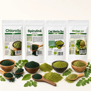 Pachet Rutina Verde Biovicta - chlorella, spirulină, matcha, moringa