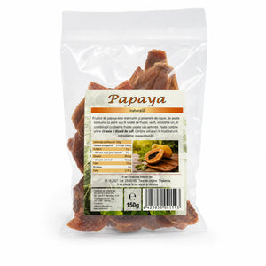 Papaya bucăți uscate deshidratate 150g Biovicta, fructe naturale din Thailanda fără zahăr adăugat, eticheta cu informații nutriționale și ingrediente