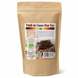 Pasta de cacao RAW BIO 300g — doypack kraft maro stand-up cu eticheta completă, masă cacao raw Peru, Biovicta