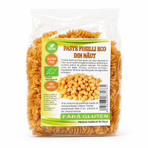 Paste fusilli fără gluten din năut BIO, 250g — pungă transparentă cu paste, eticheta completă, fabricate în Italia, Biovicta
