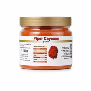 Piper Cayenne măcinat pudră 100g — borcan plastic cu capac auriu și eticheta completă, condiment China, Biovicta