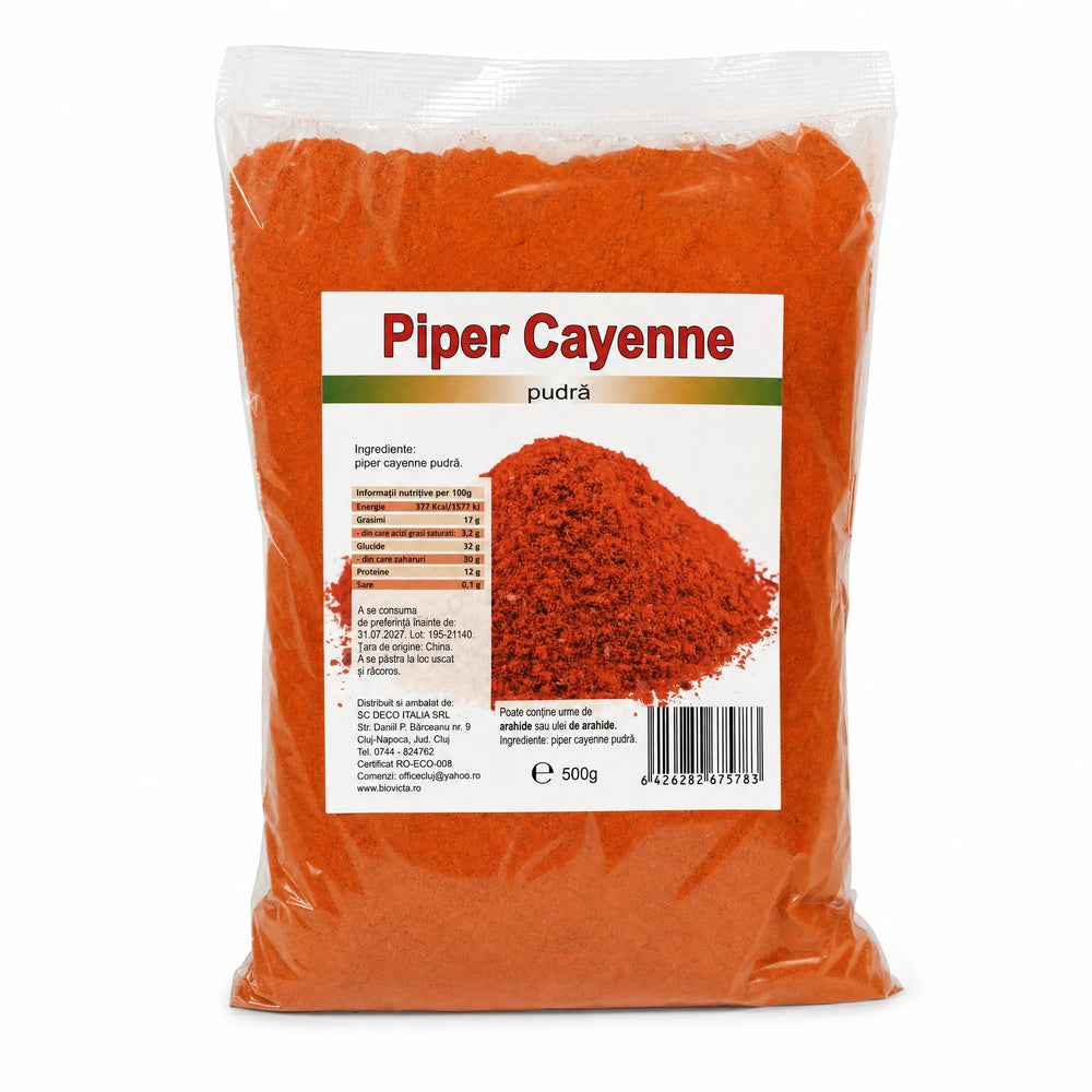 Piper Cayenne măcinat pudră 500g — pungă transparentă cu pulbere cayenne, eticheta completă, condiment China, Biovicta
