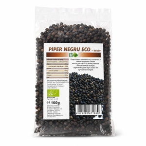 Piper negru boabe întregi BIO 100g — pungă transparentă cu boabe piper negru, eticheta completă, origine Sri Lanka, Biovicta