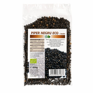 Piper negru boabe întregi BIO 500g — pungă transparentă cu boabe piper negru, eticheta completă, origine Sri Lanka, Biovicta