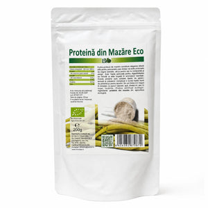 Proteină de mazăre BIO 200g — doypack alb opac stand-up cu eticheta completă, sursă proteică ecologică China, Biovicta