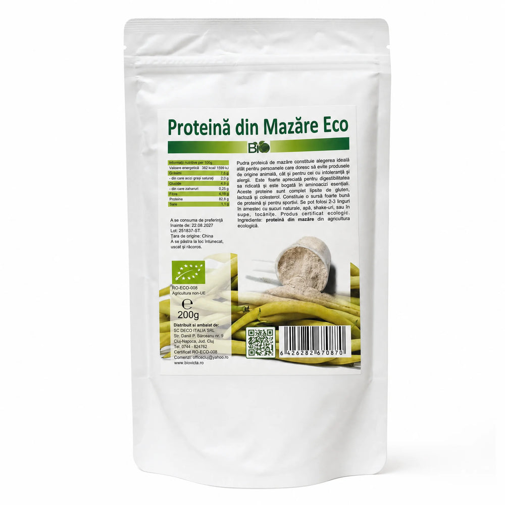 Proteină de mazăre BIO 200g — doypack alb opac stand-up cu eticheta completă, sursă proteică ecologică China, Biovicta