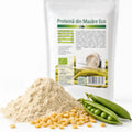 Proteină de mazăre BIO 200g — pudră fină de proteină și păstăi de mazăre verde proaspete, prezentare lifestyle, Biovicta