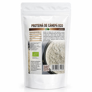 Proteină din cânepă BIO 250g — pungă albă doypack stand-up zip-lock, eticheta completă, superaliment ecologic, Biovicta