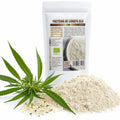 Proteină din cânepă BIO 250g — pudră proteică și plantă cânepă cu semințe, prezentare lifestyle, Biovicta
