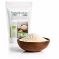 Proteină din orez BIO 200g, prezentare lifestyle cu pulbere fină în bol de lemn, Biovicta