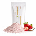 Proteină vegană BIO cu căpșuni și cocos, 200g — pudră și ingrediente principale (căpșuni, nucă de cocos), prezentare lifestyle, Biovicta