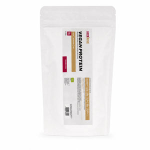 Proteină vegană BIO cu căpșuni și cocos, 200g — pungă cu eticheta completă, pudră proteică ecologică, Biovicta