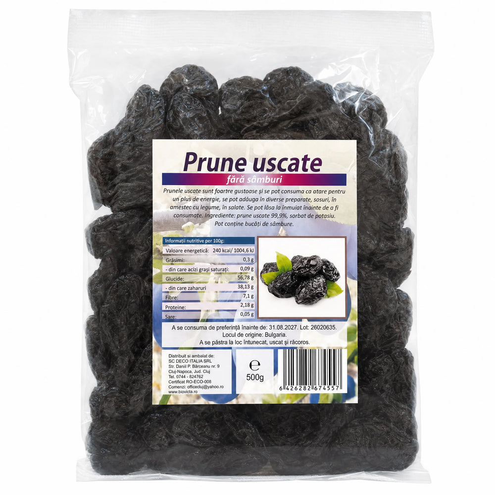 Prune uscate mari fără sâmburi 500g — pungă transparentă cu prune uscate, eticheta completă, origine Bulgaria, Biovicta