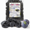 Prune uscate mari fără sâmburi 500g — prune uscate și prune proaspete cu frunze, prezentare lifestyle, Biovicta