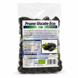 Prune uscate BIO fără sâmburi 200g — Prunus domestica mono-ingredient cert RO-ECO-008, fără E-uri, premium pentru gravide, sportivi, copii peste 3 ani
