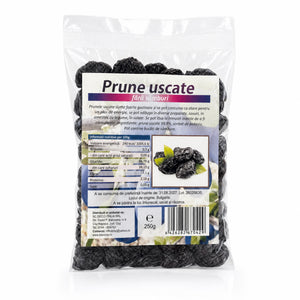 Prune uscate fără sâmburi 250g — Prunus domestica, sursă bogată de fibre (7g/100g) și sorbitol natural pentru tranzit intestinal zilnic, format consum săptămânal