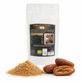 Pudră de curmale eco, îndulcitor natural, 200g — pudră de curmale și curmale întregi, pungă defocalizată în fundal, prezentare lifestyle, Biovicta