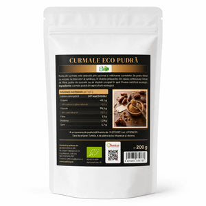 Pudră de curmale eco, îndulcitor natural, 200g — pungă cu eticheta completă, îndulcitor din curmale certificat ecologic, Biovicta