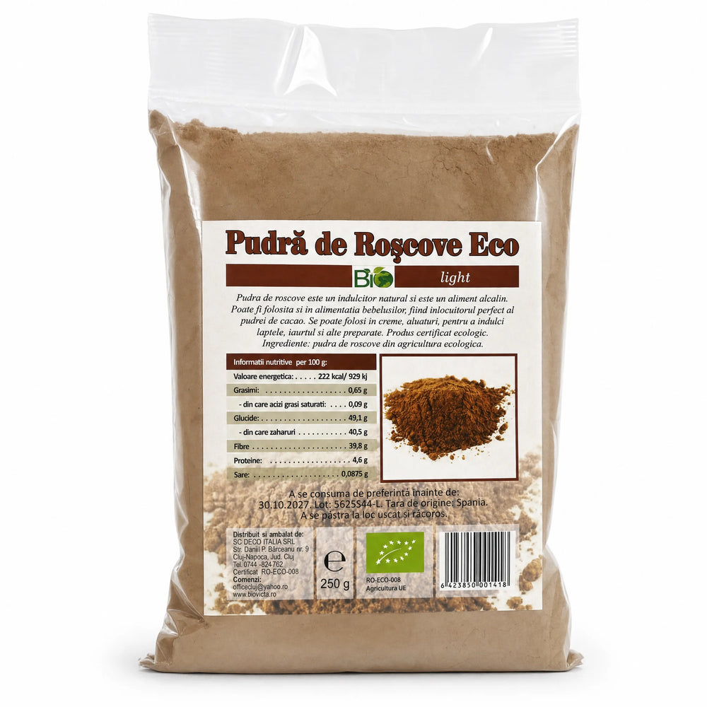 Pudră de roșcove BIO 250g — pungă transparentă cu pudră roșcove, eticheta completă, superaliment Spania, Biovicta