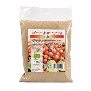 Pulbere de măceșe BIO 200g — pungă transparentă cu pulbere măceșe, eticheta completă, sursă vitamina C, Biovicta