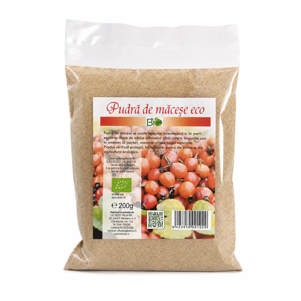 Pulbere de măceșe BIO 200g — pungă transparentă cu pulbere măceșe, eticheta completă, sursă vitamina C, Biovicta