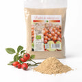 Pulbere de măceșe BIO 200g — pulbere măceșe și ramură măceș cu fructe roșii, prezentare lifestyle, Biovicta