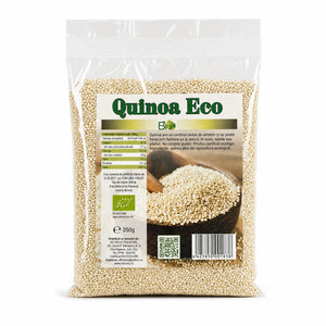 Quinoa albă BIO 250g — pungă transparentă cu boabe albe, eticheta completă, origine Peru, Biovicta